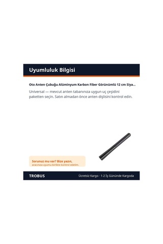 Trobus Oto Anten Çubuğu Alüminyum Karbon Fiber Görünümlü 12 Cm Siyah