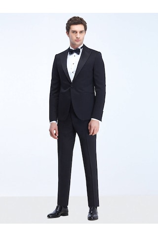Kip Siyah Düz Slim Fit Kruvaze Yaka Dokuma Smokin Takım Elbise 001