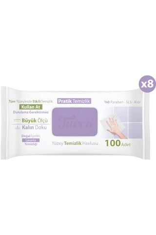 Baby Turco Doğadan Pratik Yüzey Temizlik Havlusu Lavanta 8 x 100 (800 Yaprak)