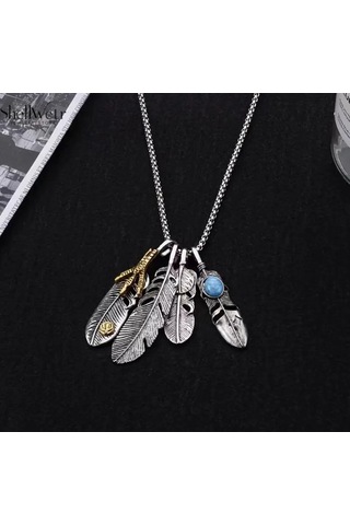 Totem Wings Otantik 4 Lü Tüy Detaylı 925 Ayar Gümüş Zincir Unisex Kolye Gümüş