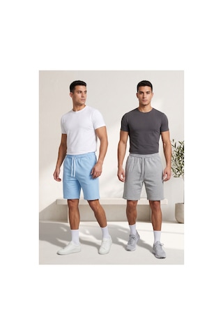 Machi Makiteks Erkek Mavi Gri İkili Rahat Kesim Beli Lastikli Cepli Penye Şort Günlük Basic Rejenere Sweat Bermuda Gri - Mavi