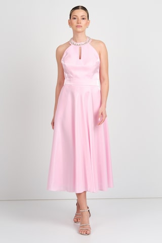 Saygın Kadın Halter Yaka Saten Midi Abiye Elbise 5624 Pembe Pembe