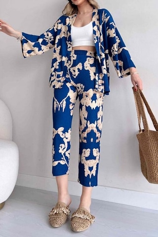 Trend Alisse Desenli Kimono Kadın Alt Üst Takım Mavi