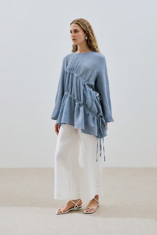 Büzgü Bağlamalı Dokulu Tunik Mavi Mavi