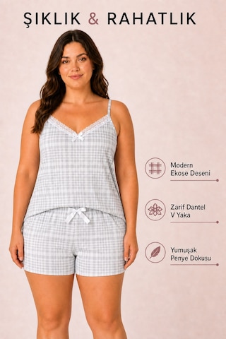 Bravie Kadın Büyük Beden İp Askılı Yakası Dantelli Ekose Desenli Gri Yazlık Pijama Takımı
