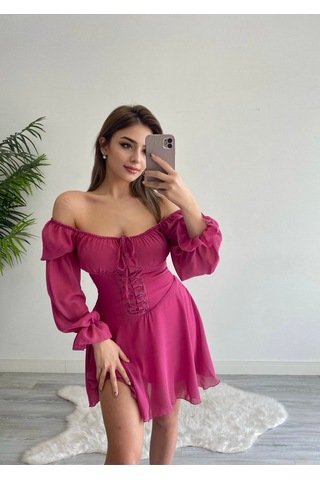 Munora Butik Kuşgözü Detaylı Şifon Fuşya Elbise Fuşya Fuşya