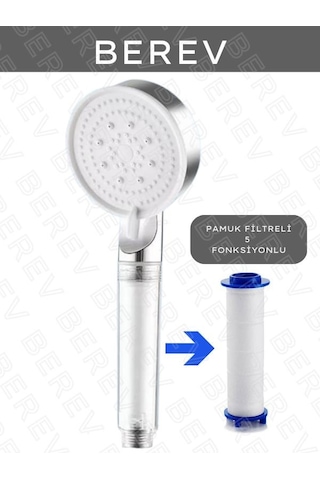 Berev Filtreli 5 Fonksiyonlu Krom Yüksek Basınçlı Ayarlanabilir Duş Başlığı 3 Adet Duş Başlığı Filtresi Krom