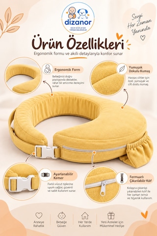 Dizanor Ayarlanabilir Kemerli Çok Amaçlı Emzirme Minderi Fermuarlı Yıkanabilir Kılıf 56x50x11 Cm - Sarı