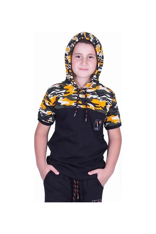 Kamuflaj Desenli Kapşonlu Sarı Erkek Çocuk T-shirt Sarı