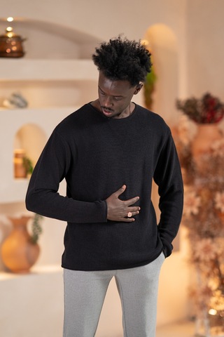 Regular Fit Likralı Kendinden Çizgili Mevsimlik Spor Kazak Siyah