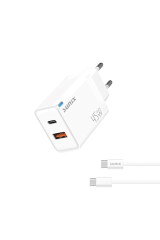Sunix 45w Akıllı Şarj Ve Gan Teknolojisi Type-c Girişli Tüm Cihazlar Samsung İphone Xiomi Serisi Ce Lisanslı Şarj Cihazı Yeni Nesil Son Teknoloji Adaptör + Kablo Set