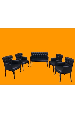 Siyah Deri Gürgen Ayaklı Pera Ofis Koltuk Takımı Kuaför Bekleme Koltuk Takımı Ofis Mobilyası Siyah