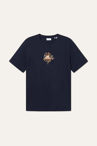 Domrebel Fiore T - Shirt - %100 Organik Pamuk, Şık Çiçek Desenli Nakışlı Rahat Tişört Lacivert