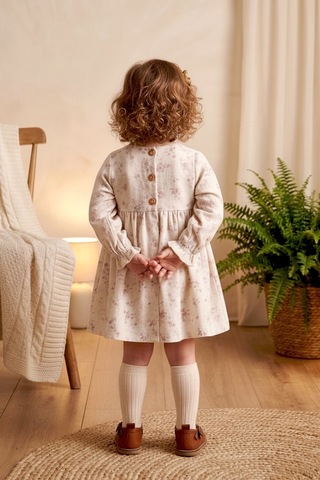 Babymod Fırfırlı Çiçekli 100% Pamuk Müslin Kız Bebek Elbise Bej