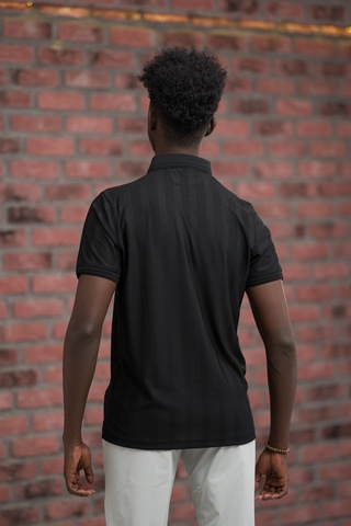 Regular Fit Likralı Kendinden Çizgili Polo Yaka T-shirt Siyah