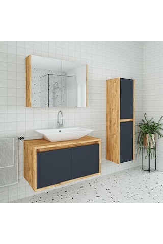 Banos Roomart Lavabolu Ahşap-Antrasit 85Cm Banyo Dolabı+Aynalı+Bo Antrasit