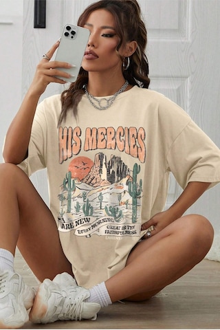 Unisex His Mercies Baskılı Oversize Tshirt