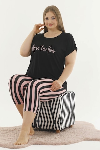 Siyah Renk Ve Çizgili Lady 10587 Kadın Büyük Beden Kapri Pijama Takımı Siyah - Pembe
