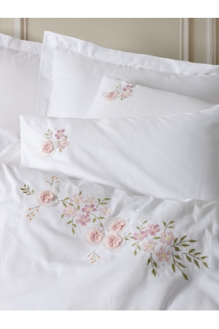 Cotton Box 3d Nakışlı Saten Çift Kişilik Nevresim Takımı Floret Beyaz Beyaz