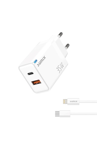 Sunix 35w Akıllı Şarj Ve Gan Teknolojisi iPhone Uyumlu Lighting iPhone Uyumlu 8/9/10/11/12/13/14 Serisi İçin Özel Ce Lisanslı Şarj Cihazı Yeni Nesil Son Teknoloji Şarj Cihazı Başlık + Kablo Set