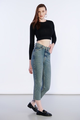 Kirli Mavi Yüksek Bel Paça Püskül Detaylı Mom Jeans-kirli Mavi