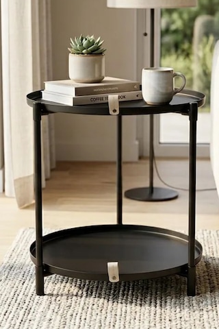 Çift Tepsili Katlanır Orta Yan Yuvarlak Sehpa Metal Ayak - Modern Sehpa 50cm 44 Cm Tepsi Deri Kulplu Mat Siyah