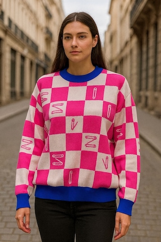 Gönülden Tasarım Pembe Beyaz Triko Oversize Kadın Kazak Renkli