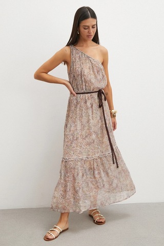 Uterpe One Shoulder Tiered Dress Pembe