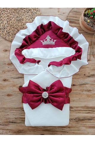 Yenidoğan Mehtap Lüks Kelebek Taç Nakışlı Bebek Battaniyesi Kundak Bordo Çok Renkli