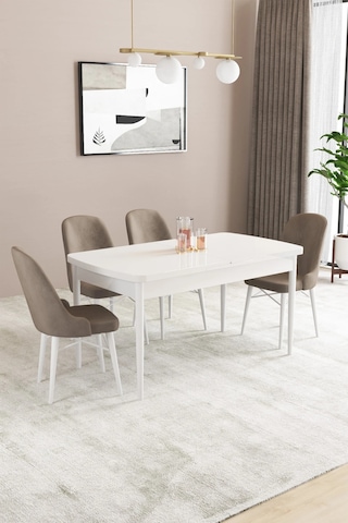 Familieconcept Almira Serisi, Beyaz 80x132 Açılabilir Mdf Mutfak Masası Takımı 4 Adet Sandalye Cappuccino