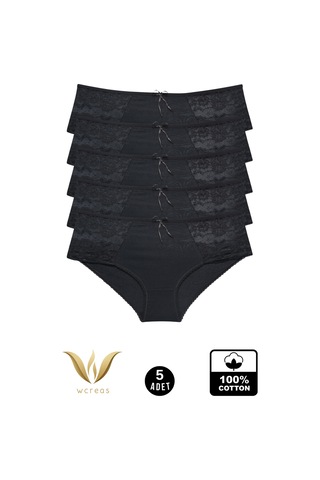 Wcreas Yanları Dantelli Pamuklu Kadın Bato Külot, 5'li Paket Pamuklu Yumuşak Kumaş Dantelli Külot Siyah