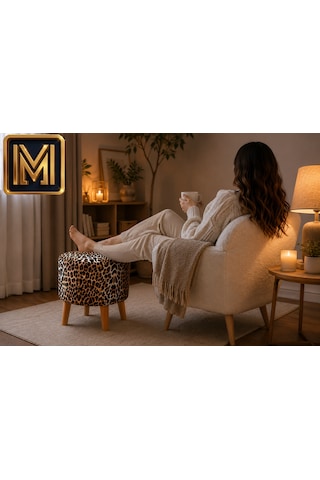 Medet Home Leopar Desenli Puf 40x40x40 Cm Dekoratif Ahşap Ayaklı Oturma Pufu Çok Renkli