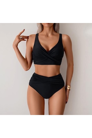 2 Adet/set Kadın Bikini Seti Derin V Yaka Dolgulu Telsiz Sütyen Yüksek Bel Yüzme Şortu Seti Düz Renk Yırtmaçlı Tasarım Plaj Giyim Mavi