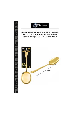 Delux Serisi Günlük Kullanım Pratik Mutfak Sofra Sunum Ürünü Metal Servis Kaşığı - 25 Cm - Gold Renk