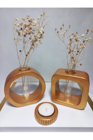 Masaüstü Minimal 2'li Vazo Seti, Yuvarlak-kare Formlu, Cam Tüplü Vazo Gold