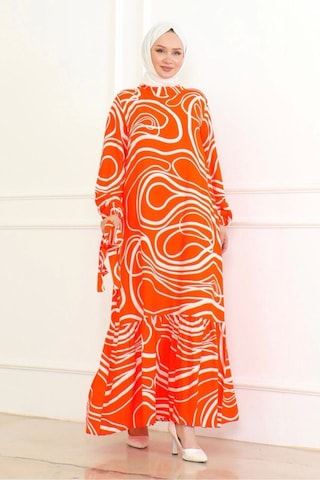 Çizgi Desenli Viskon Elbise - Turuncu Turuncu
