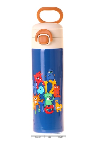 Kaukko Kids 520 Ml Moster Baskılı Mavi Erkek Çocuk Çelik Termos Matara Çift İçim Kilitli Kapak - L5407