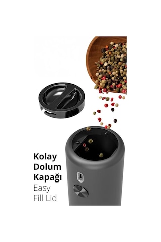 Kiwi Kspg-4851 Şarjlı Tuz Karabiber Değirmeni Otomatik Baharat Öğütücü Siyah