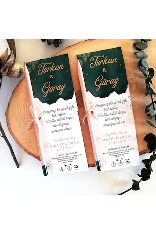 Yeşil Gold Detaylı Söz Nişan Nikah Hediye Tohumlu Kalem 30 Adet