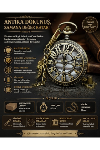 Antika Görünümlü Metal Köstekli Cep Saati Zincirli Nostaljik Quartz Vintage Tasarım Hediyelik Cep Saati