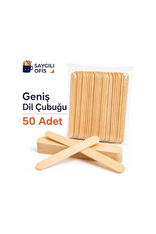 Saygılıofis 50 Adet Geniş Dil Çubuğu Ahşap Büyük Abeslang Dondurma Dil Basma Ağda Çubuk 50'li