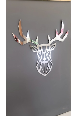 Geyik Kafası Figürü Ahşap Mdf Üzeri Aynalı Gümüş Pleksi 40x40 Cm