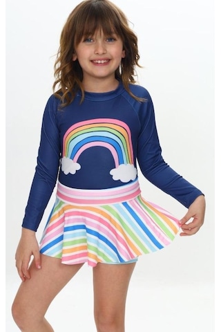 Lolliboomkids Kız Çocuk Çok Renkli Gökkuşağı Baskı Desen Uzun Kollu Tayt Etekli 2 Parça Mayo / Bikini Takımı Rainbow Çok Renkli