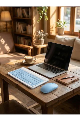 Kablosuz Bluetooth Klavye Ve Dongle Lı Mouse Seti Şarjlı Klavye Ve Fare Kombinasyonu Mavi