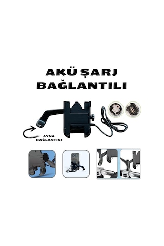 360 Ayarlanabilir Ayna Ve Akü Şarj Bağlantılı Metal Motorsiklet Tutacağı Ve Bisiklet Telefon Tutucu
