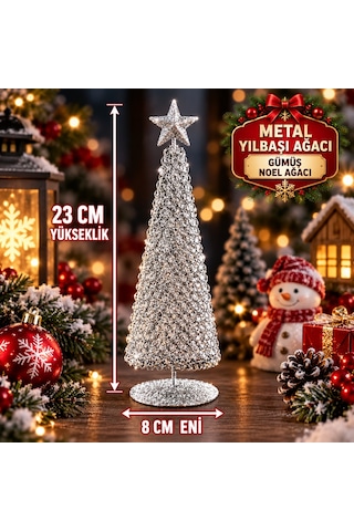 Özel Tasarım Metal 23 Cm Gümüş Yılbaşı Ağacı Metal Parlak Simli Gümüş Noel Ağacı Yılbaşı Çam Ağacı