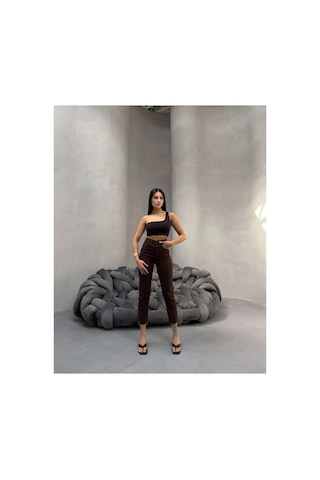 Kene Jeans Kadın Kahverengi Yüksek Bel Keten Paça Kesik Dar Paça Pantolon Kahverengi