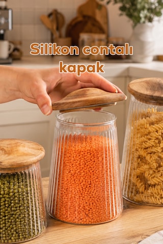 Porsima Mushroom Bambu Vakumlu Kapaklı Yuvarlak Borosilikat Cam 3lü Kavanoz Seti Saklama Kabı Cam - Şeffaf
