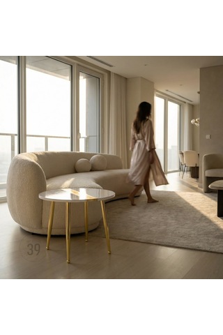Aurum Blanc 60 Cm Beyaz & Altın Modern Orta Sehpa Gerçek Altın Varaklı Yüksek Parlak Epoksi Tasarım, Modern Lüks Ev Dekoru Beyaz - Altın