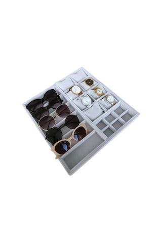 Organizatör Gri Süet Tabla Kolye & Yüzük Düzenleyici Ve Gözlük 8 Yastık 6 Gözlük & 6 Bölmeli 36x38 Çok Renkli